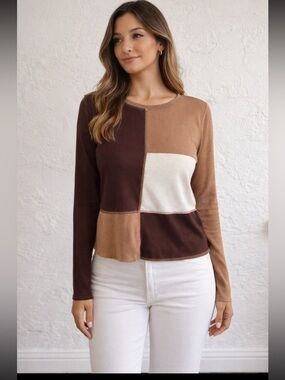 Colorblock Long Sleeve Top XL Neutral Patchwork Fall Outfit